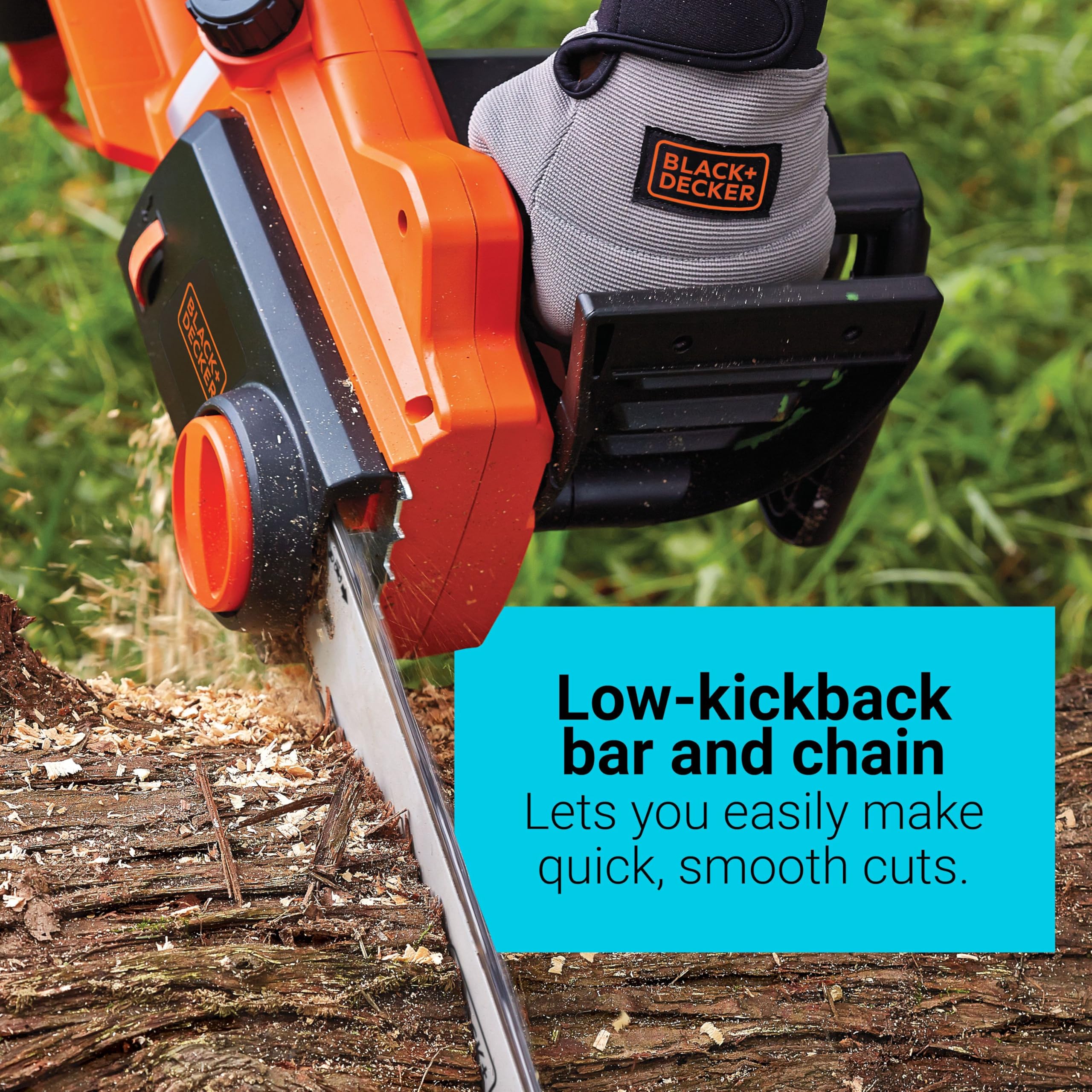 BLACK+DECKER CS1216 closeup of chain teeth showing low-kickback design