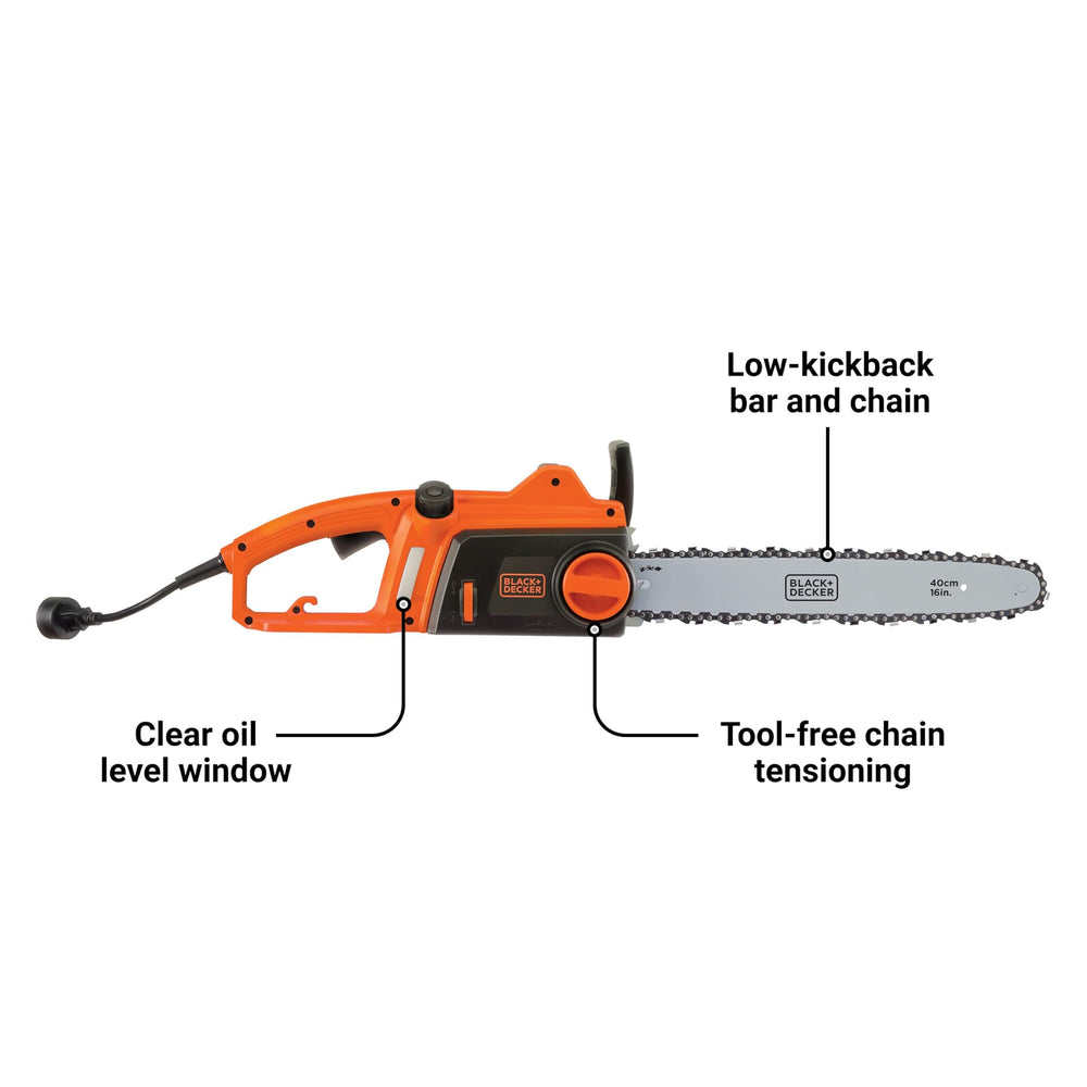BLACK+DECKER CS1216 side profile with 16-inch bar highlighting cutting reach