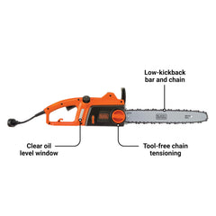 BLACK+DECKER CS1216 side profile with 16-inch bar highlighting cutting reach