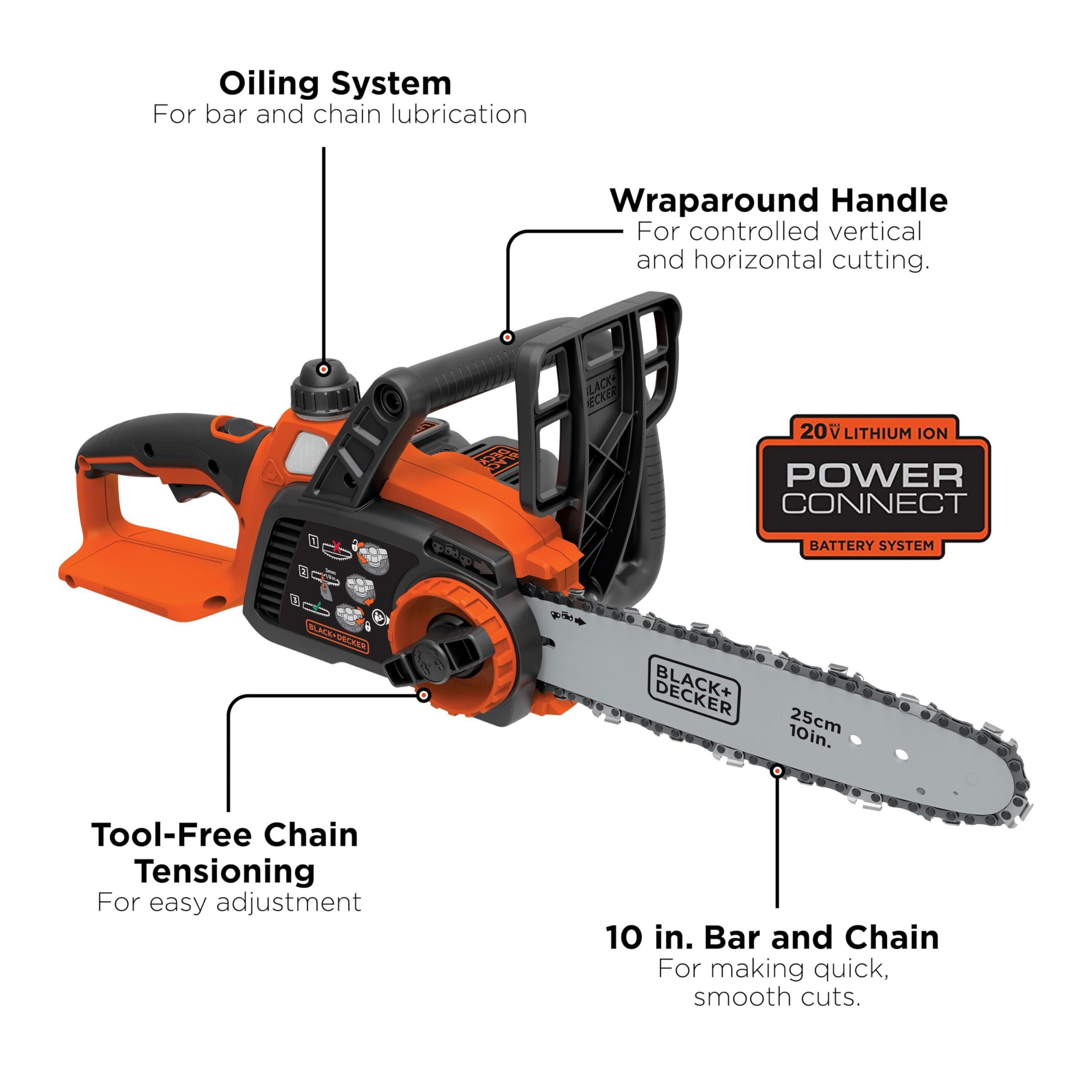 BLACK+DECKER close-up of the 10-inch guide bar and chain for smooth precise cuts
