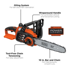 BLACK+DECKER close-up of the 10-inch guide bar and chain for smooth precise cuts