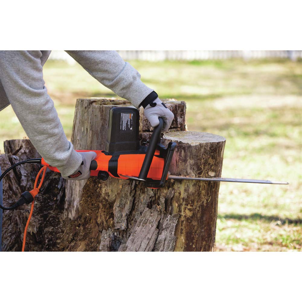 BLACK+DECKER saw cutting a branch outdoors showing manageable power and control