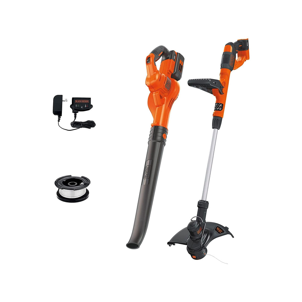 BLACK+DECKER combo kit front view showing trimmer sweeper and battery benefit ready-to-use