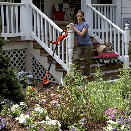 BLACK+DECKER next to gardening tools to show compact size and portability