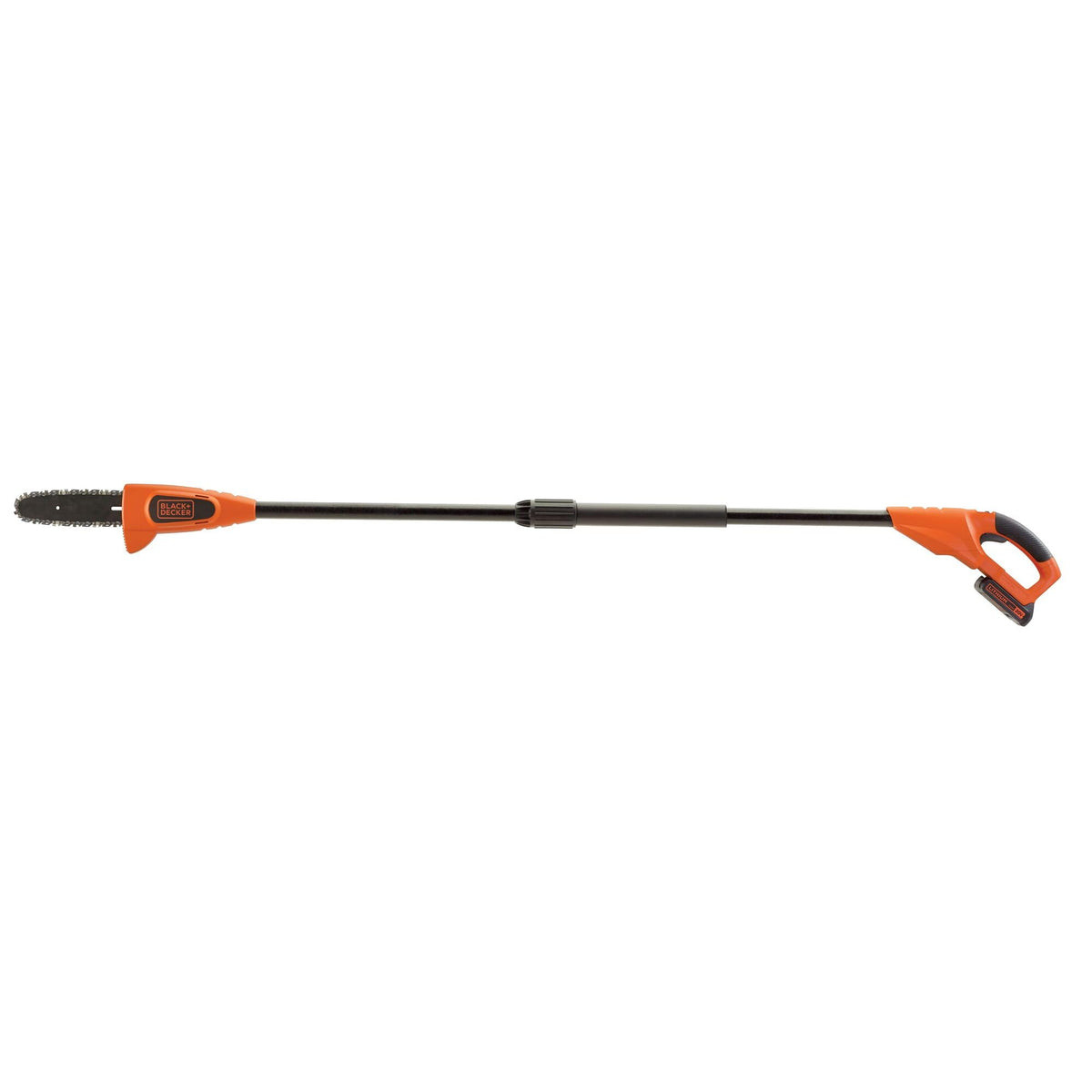 BLACK+DECKER pole saw front view showing complete kit and portability benefit
