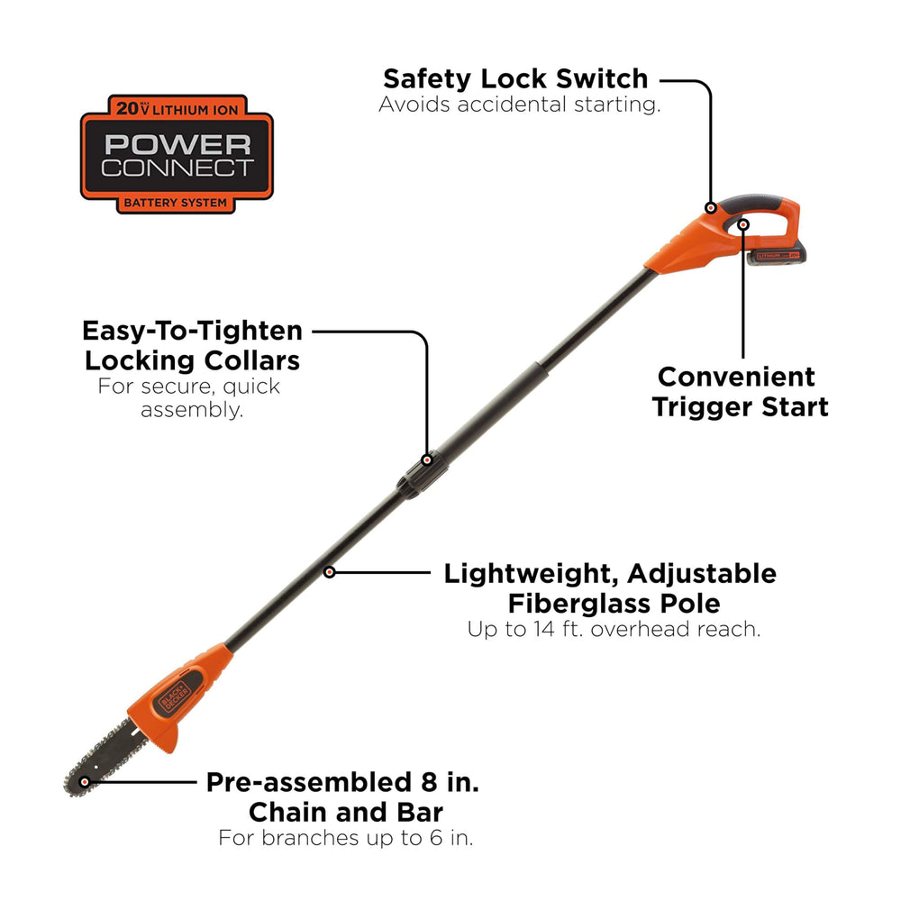 BLACK+DECKER in-use trimming branches in yard showing ladder-free safety benefit