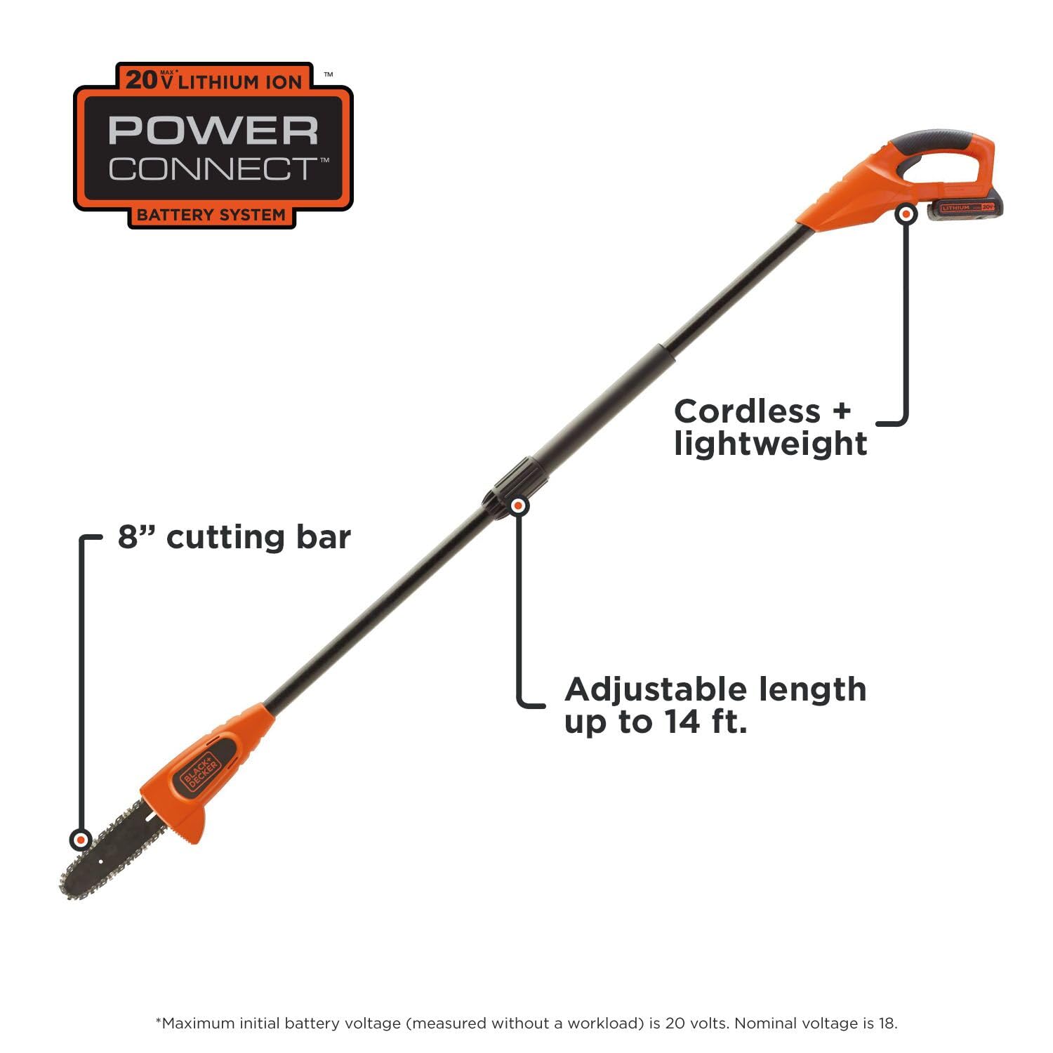BLACK+DECKER pole saw next to adult for scale demonstrating manageable size