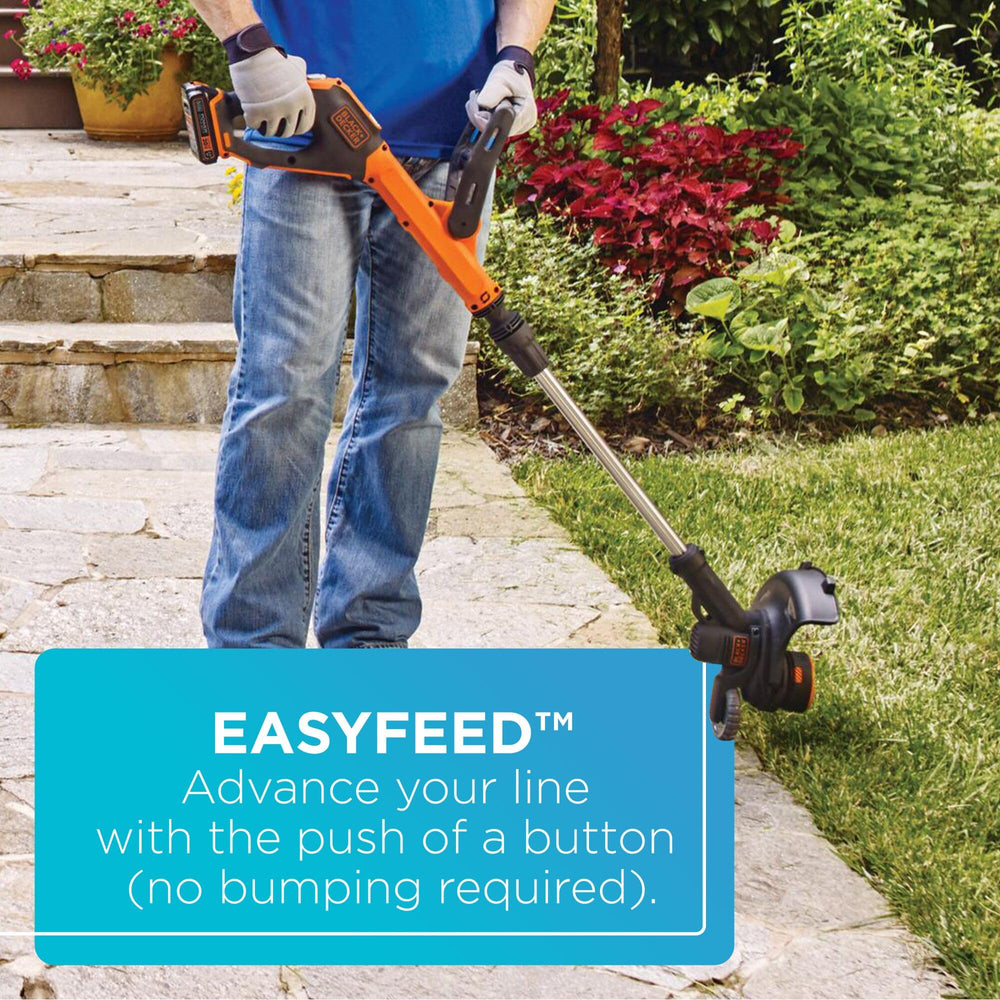 BLACK+DECKER trimming grass demonstrating 12-inch cutting width efficiency