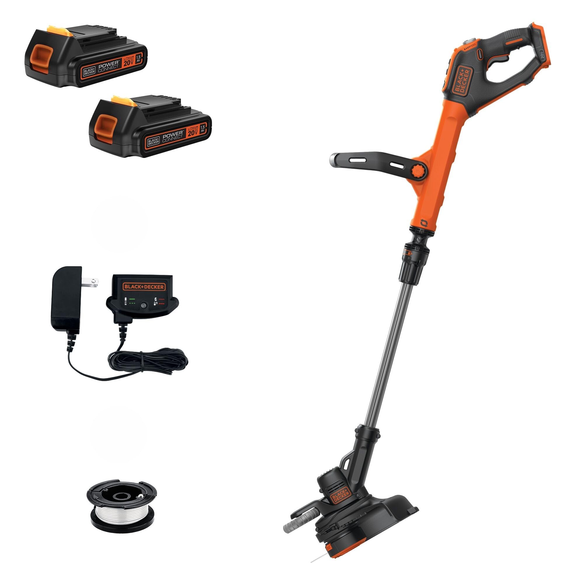 BLACK+DECKER front view of trimmer showing compact cordless design and portability