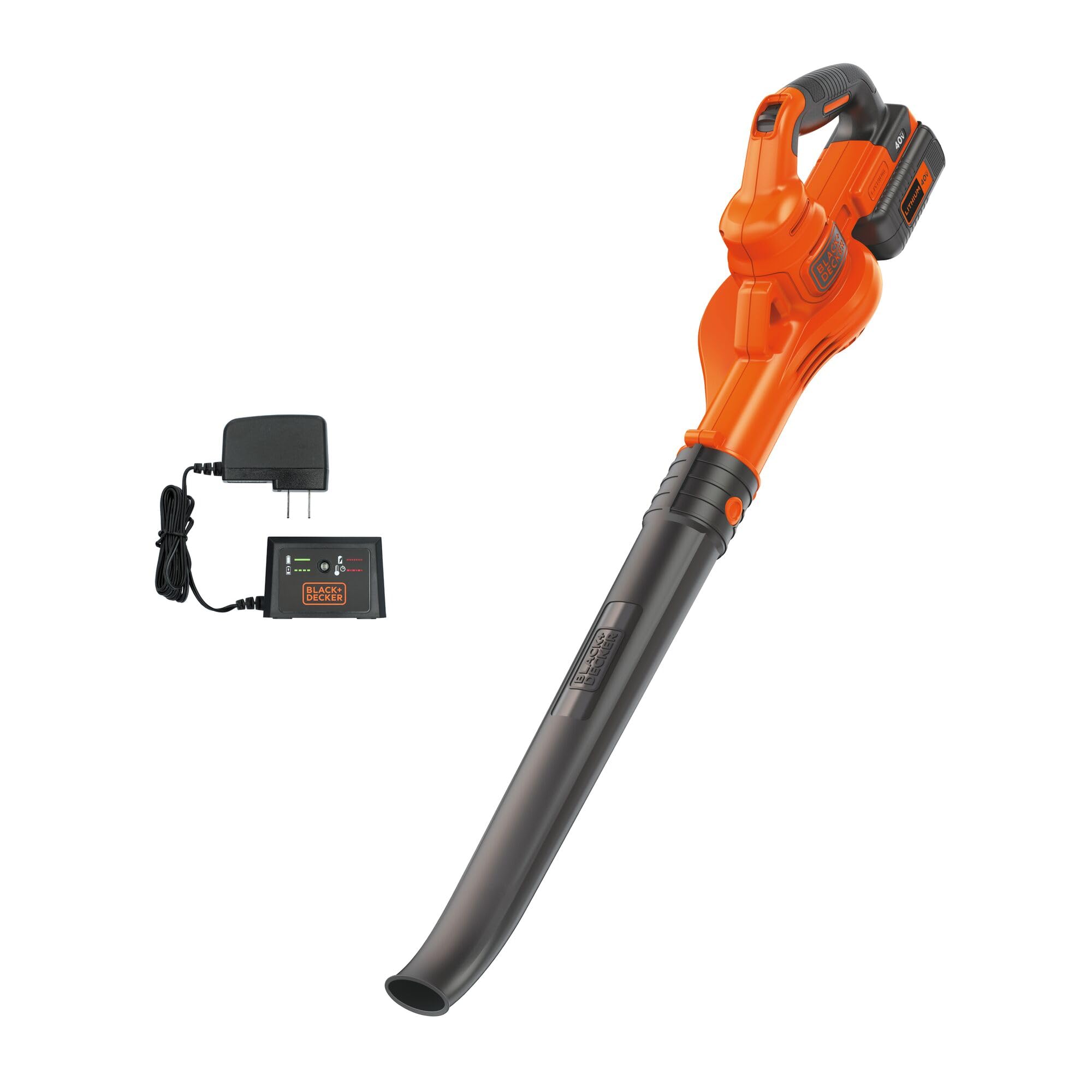 BLACK+DECKER label emphasizing low-noise design for quieter neighborhood use