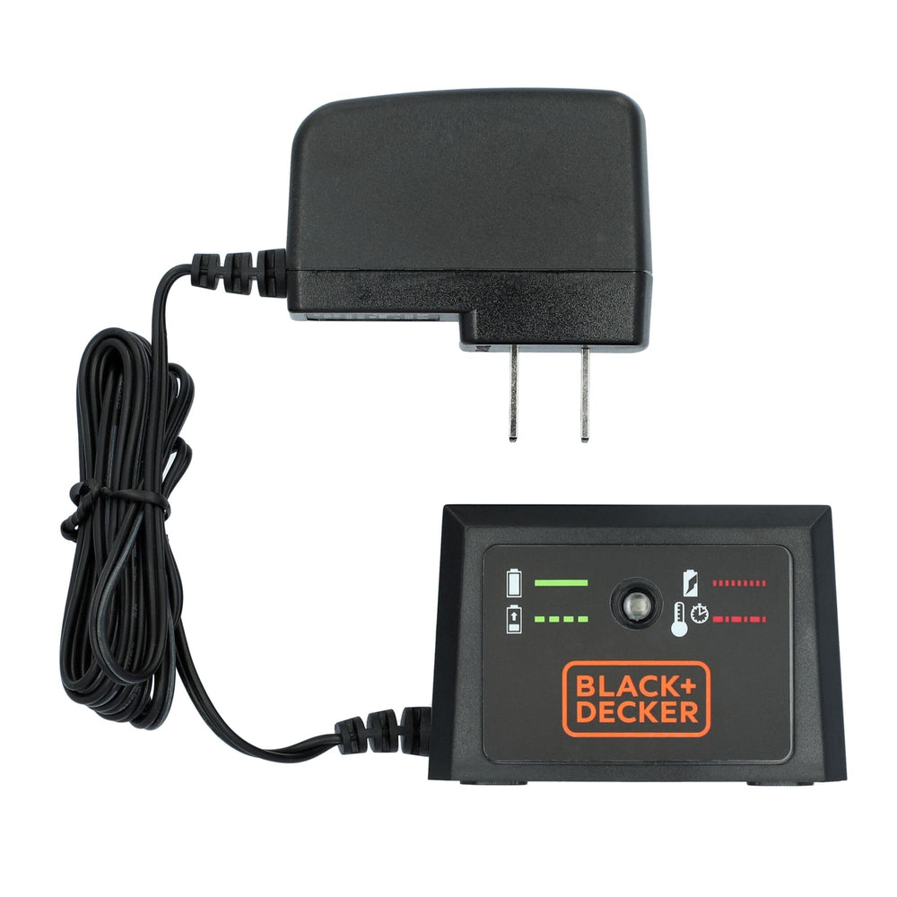 BLACK+DECKER boxed contents laid out showing blower, battery, charger, and tube