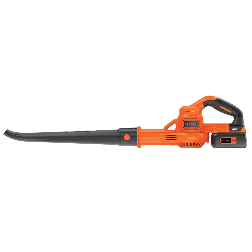 BLACK+DECKER blower held in hand to show light 4 lb weight and maneuverability