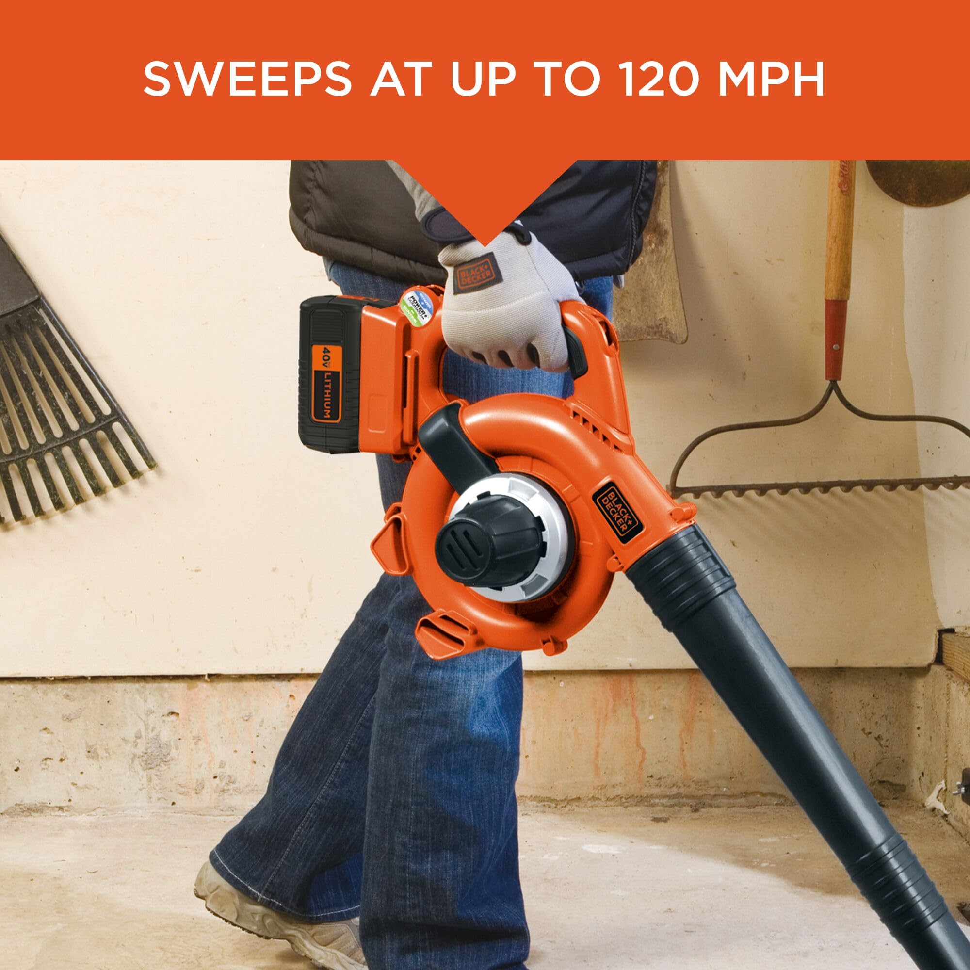 BLACK+DECKER LSWV36 blowing leaves across driveway demonstrating fast clearing