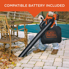 BLACK+DECKER in vacuum mode capturing leaves into collection bag for easy cleanup