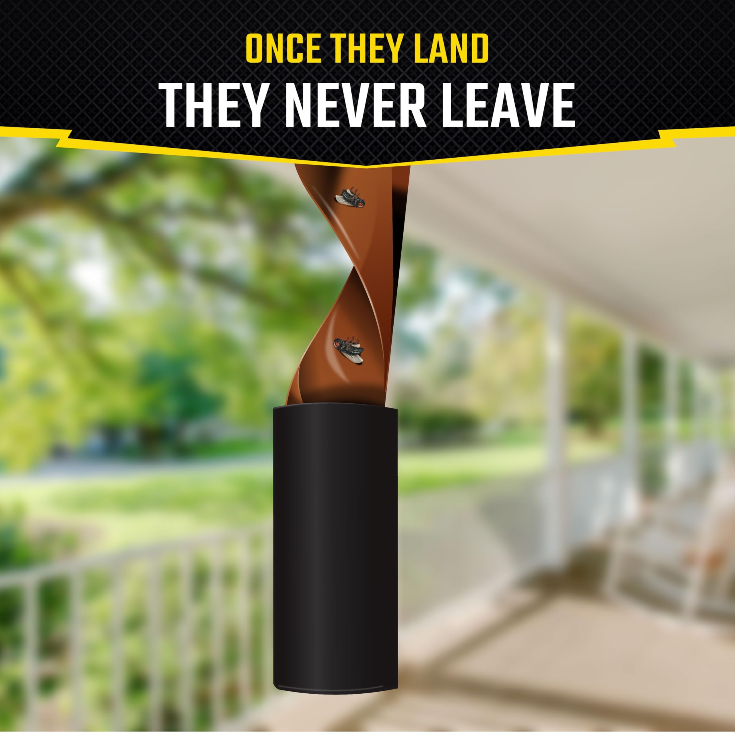 Black Flag fly paper hanging on a porch to reduce flying pests and protect outdoor meals