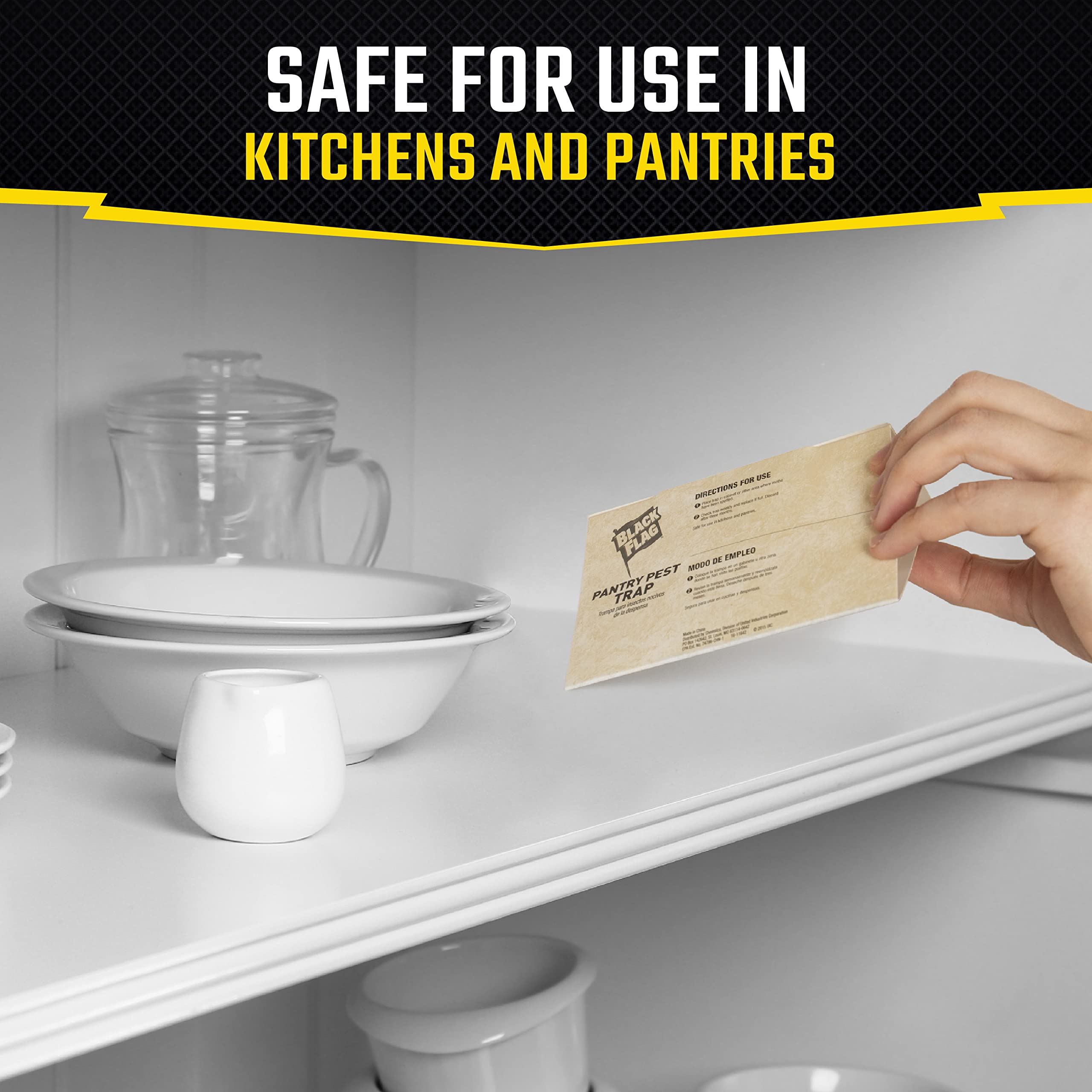 Black Flag trap positioned on a pantry shelf helping protect stored food items