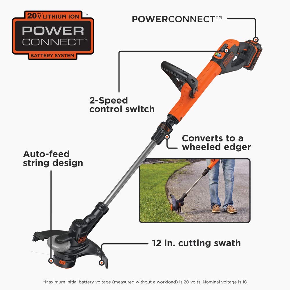BLACK+DECKER close-up of rotating trimmer head highlighting automatic feed spool benefit