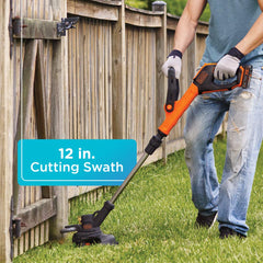 BLACK+DECKER trimmer in use cutting grass showing faster yard coverage benefit
