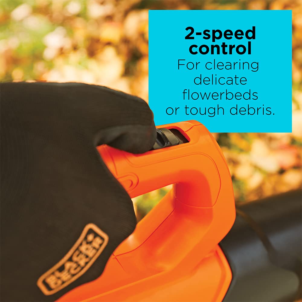BLACK+DECKER blower blow tube closeup showing focused airflow for precise clearing