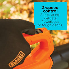 BLACK+DECKER blower blow tube closeup showing focused airflow for precise clearing