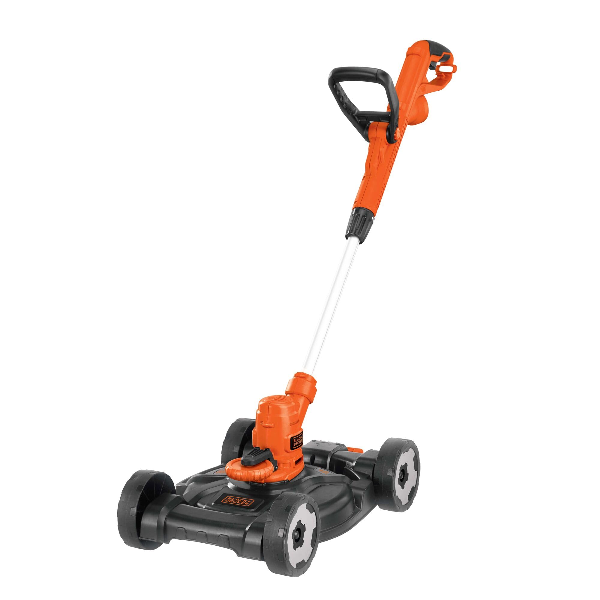 BLACK+DECKER front view of 3-in-1 mower-trimmer showing compact all-in-one design and space-saving benefit