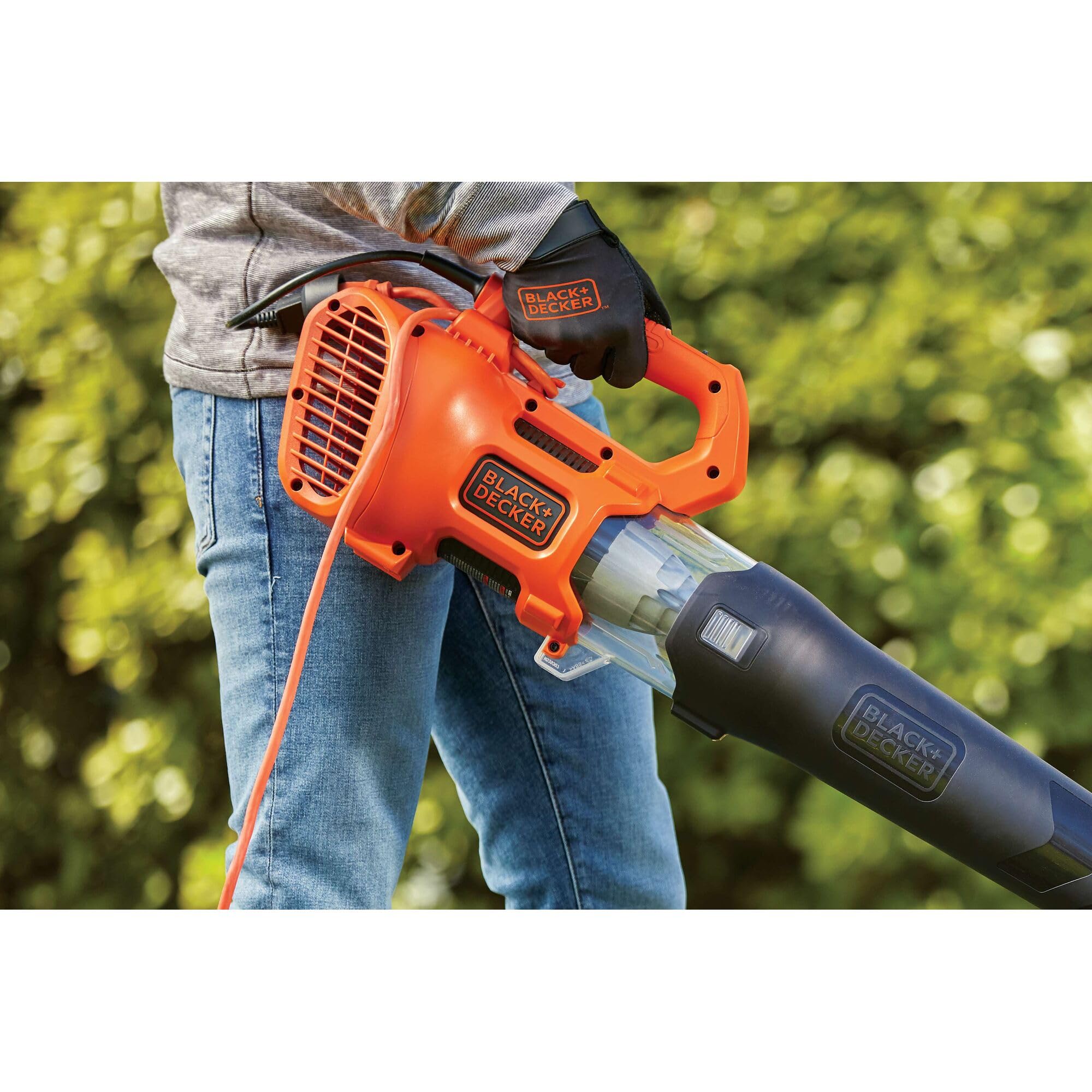 BLACK+DECKER BEBL750 in use on driveway clearing leaves quickly and neatly