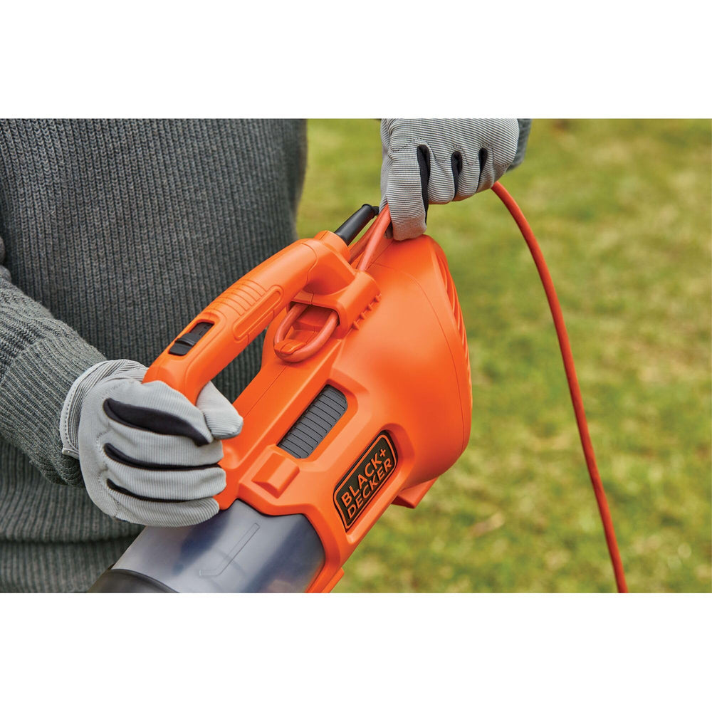 BLACK+DECKER BEBL750 lifestyle on patio demonstrating tidy outdoor maintenance