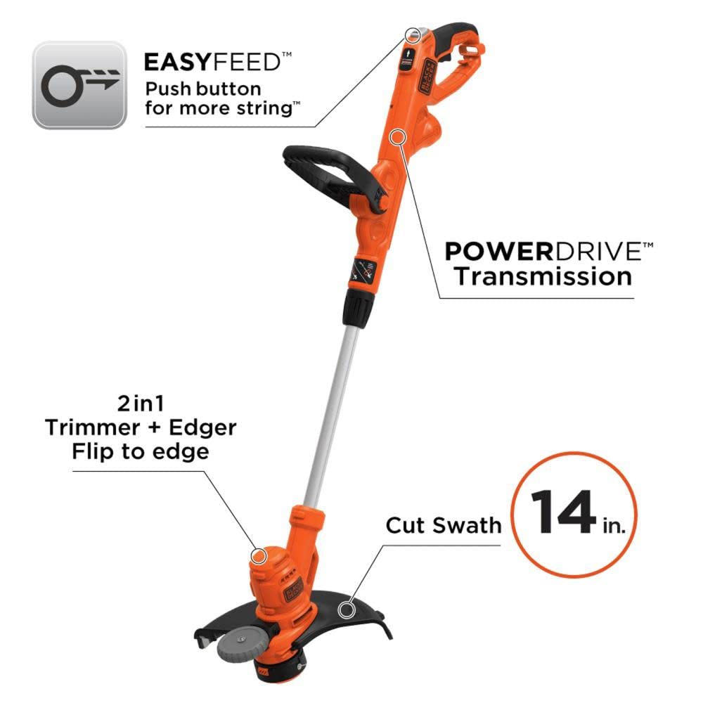 BLACK+DECKER EASYFEED button close-up for quick line advancement benefit