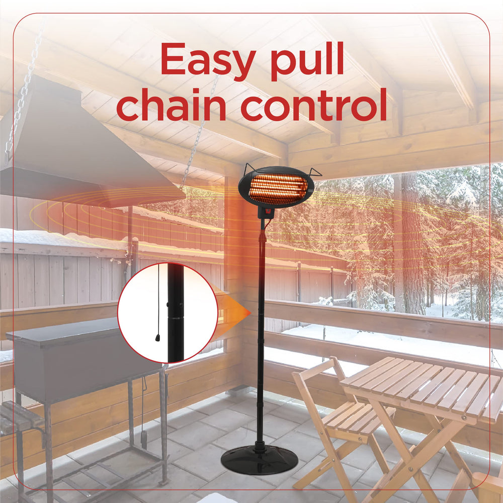 BLACK+DECKER heater warming a patio at dusk, creating comfortable outdoor seating