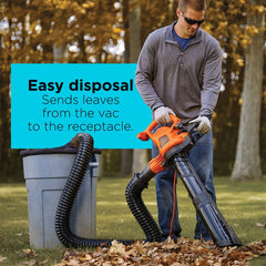 BLACK+DECKER hose attached to blower in use channeling leaves directly into a can for speed