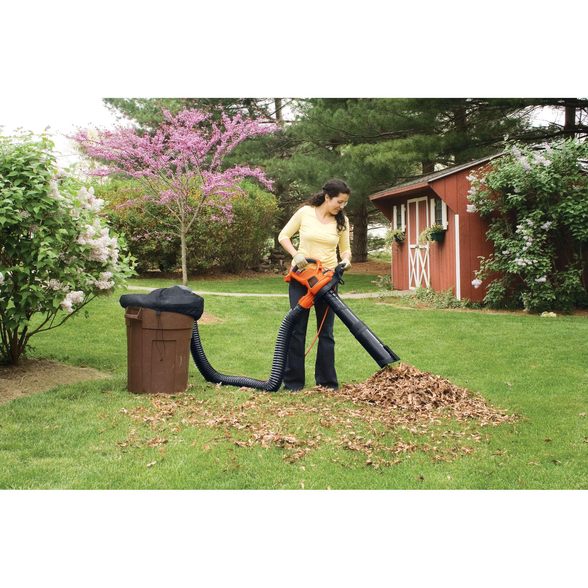 BLACK+DECKER BV-006 installed in yard lifestyle scene speeding leaf collection across driveway