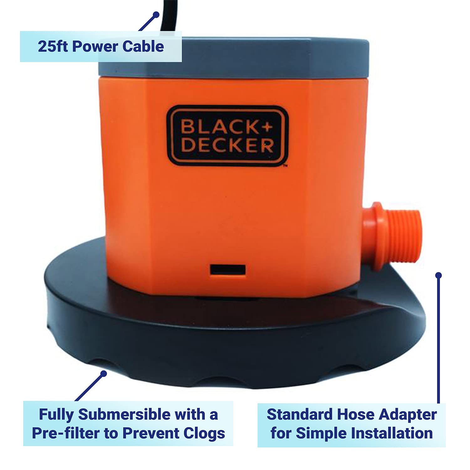 BLACK+DECKER cover pump connected to garden hose for easy water discharge