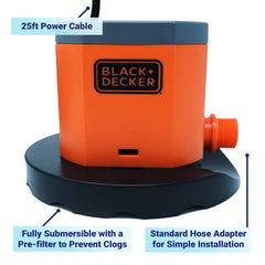 BLACK+DECKER cover pump connected to garden hose for easy water discharge