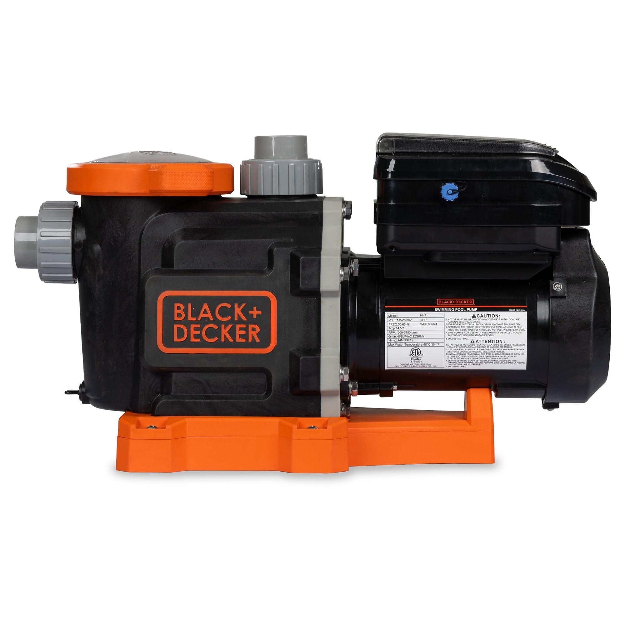 BLACK+DECKER front view of pump showing durable housing and quiet design benefit