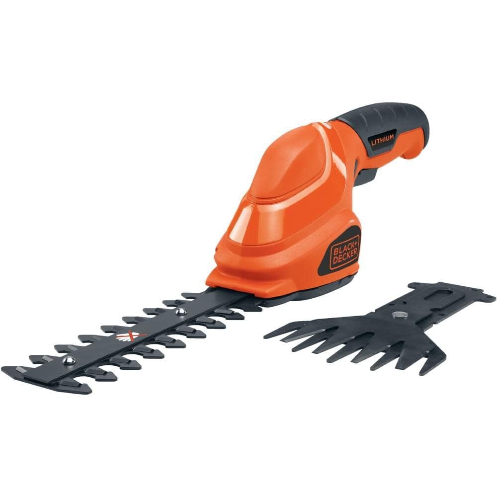 BLACK+DECKER front view showing compact cordless trimmer and combo blades for easy storage