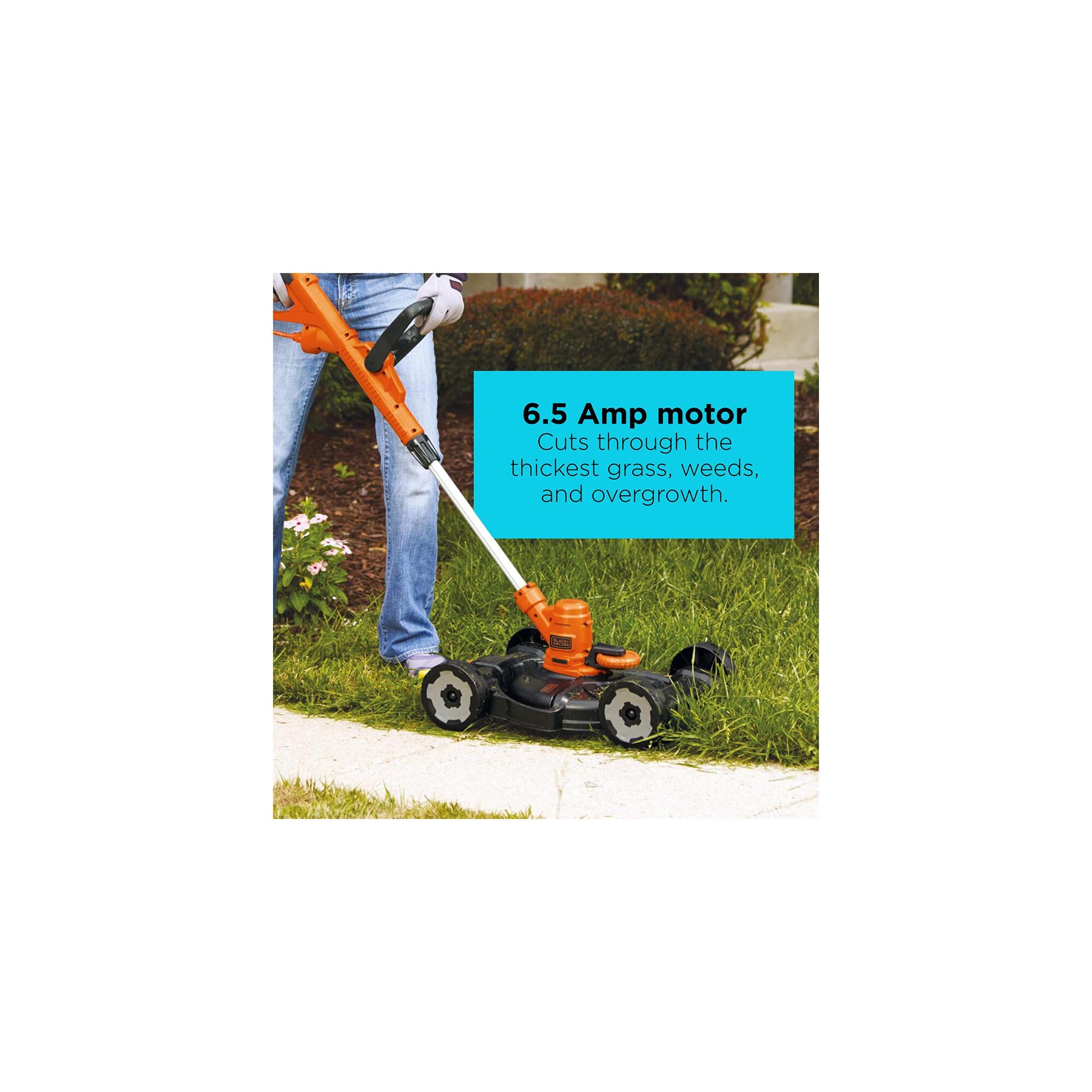 BLACK+DECKER mowing a small lawn demonstrating steady corded power and clean cut finish