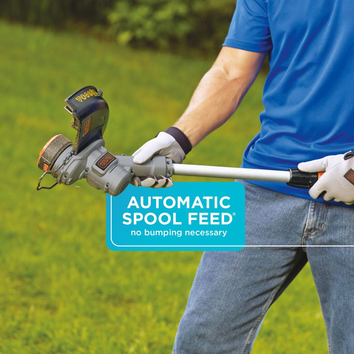 BLACK+DECKER in-use yard trimming, fast cleanup and reduced vibration