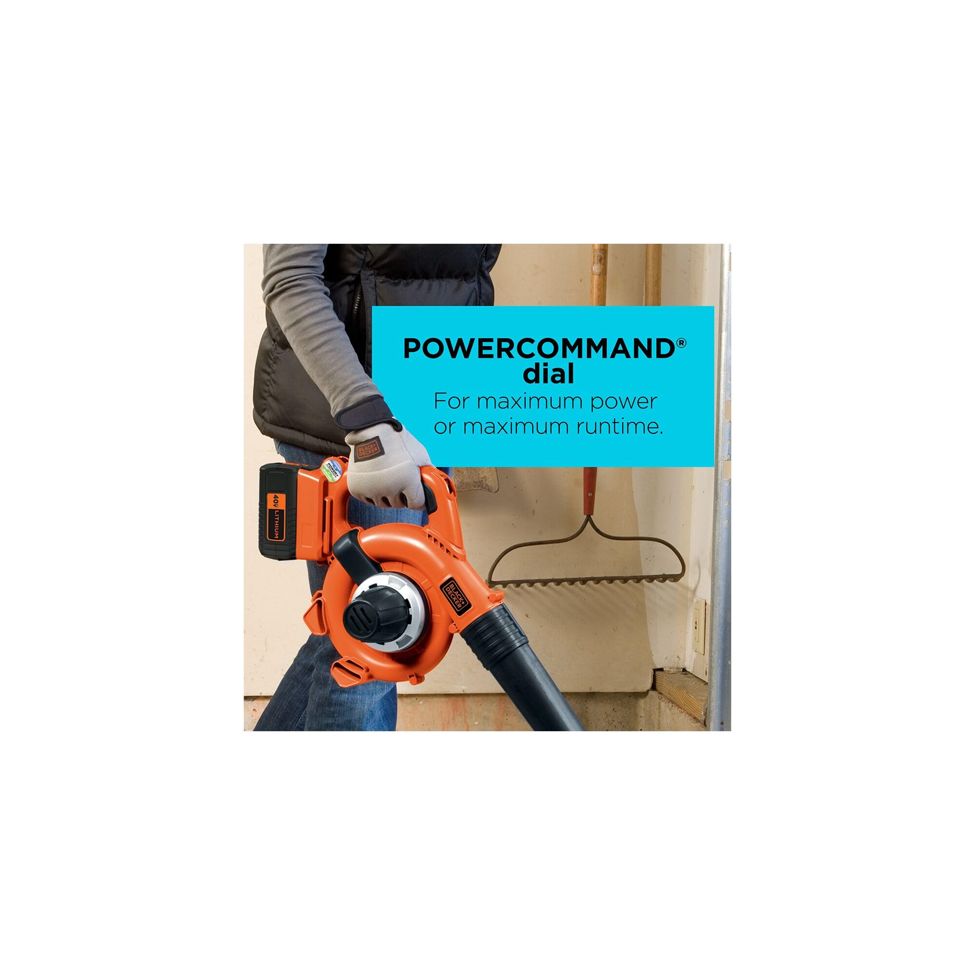 BLACK+DECKER blower in use on a driveway clearing leaves fast and efficiently