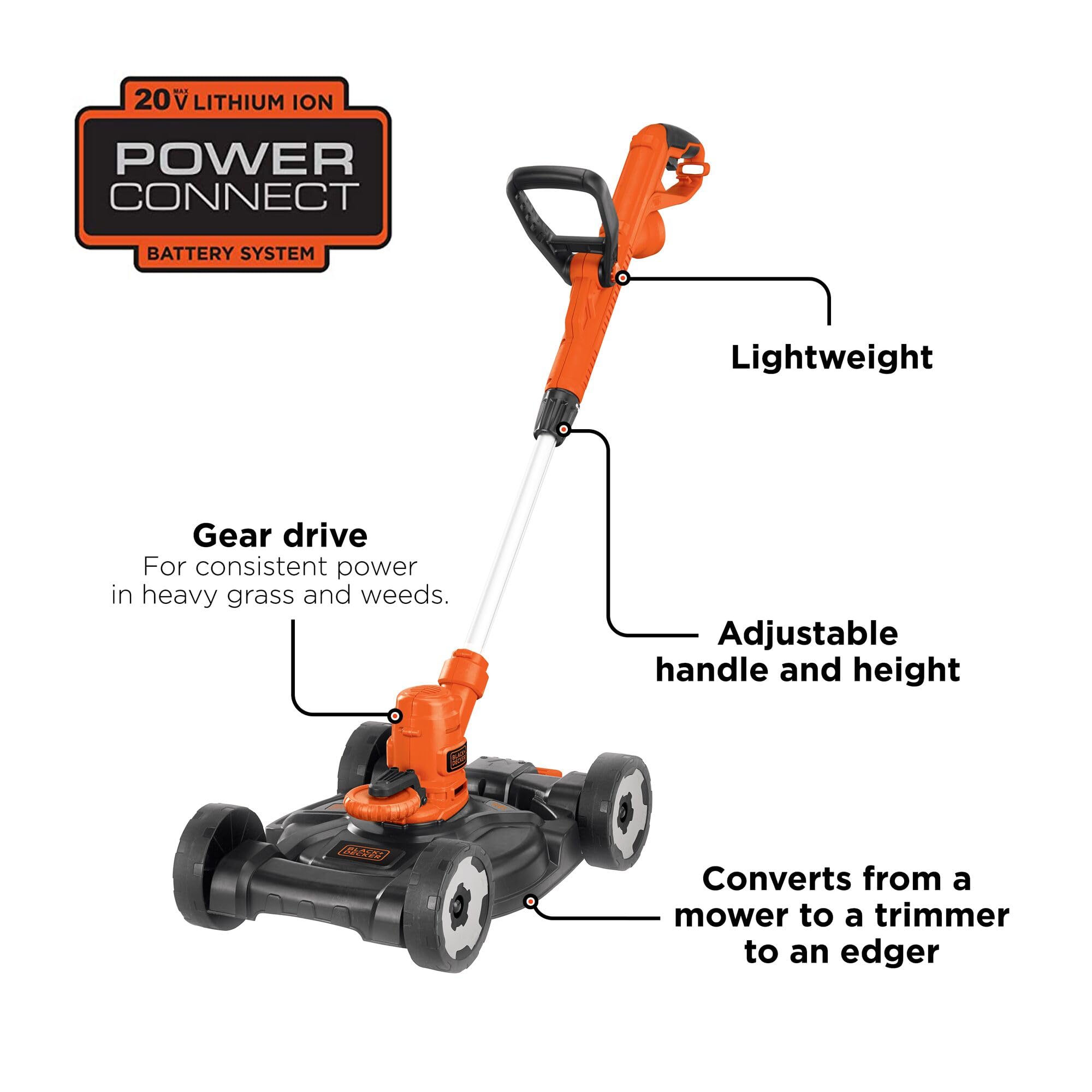 BLACK+DECKER mower deck detail highlighting adjustable deck for tailored grass height control
