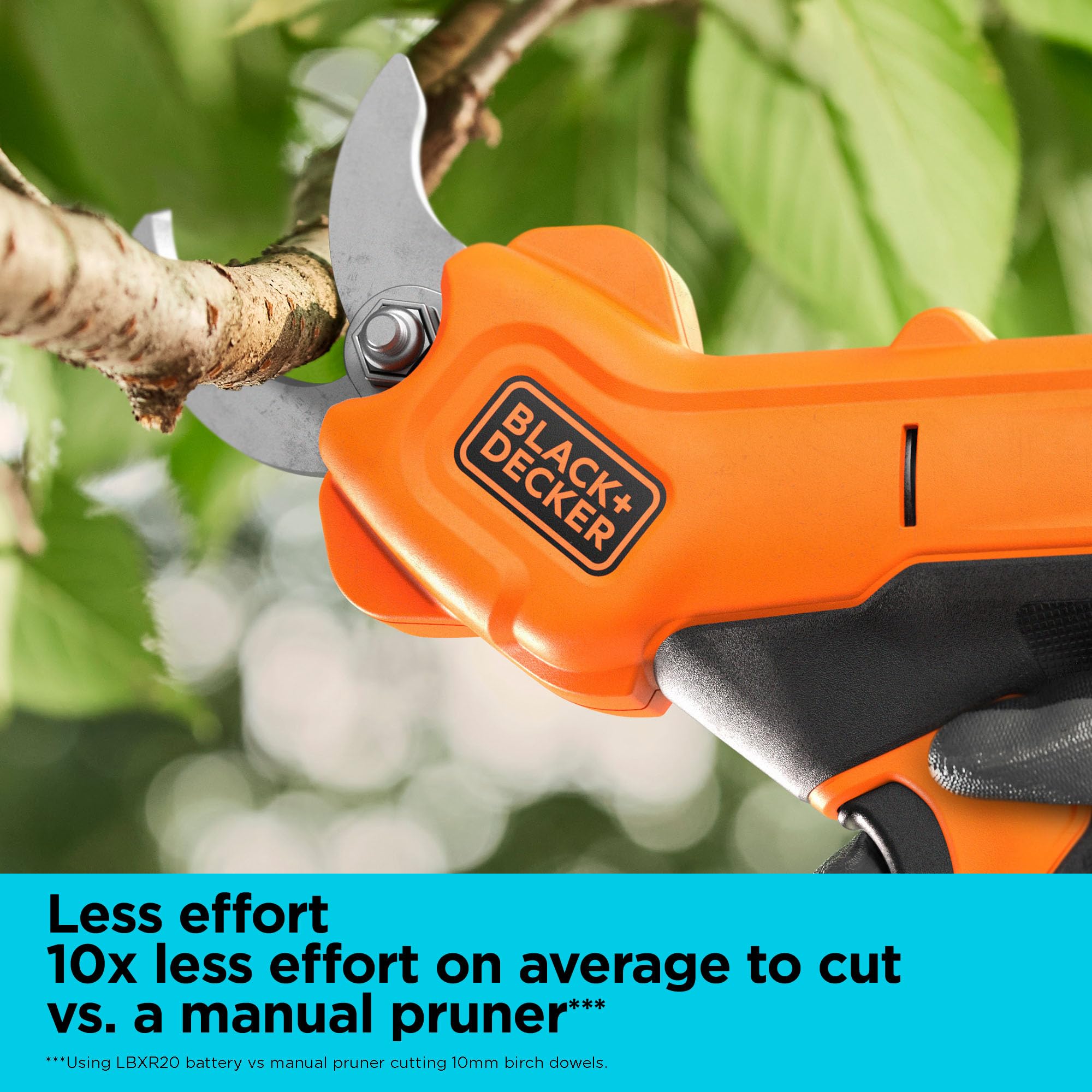 BLACK+DECKER cutting a branch illustrating one-inch capacity and smooth slicing action