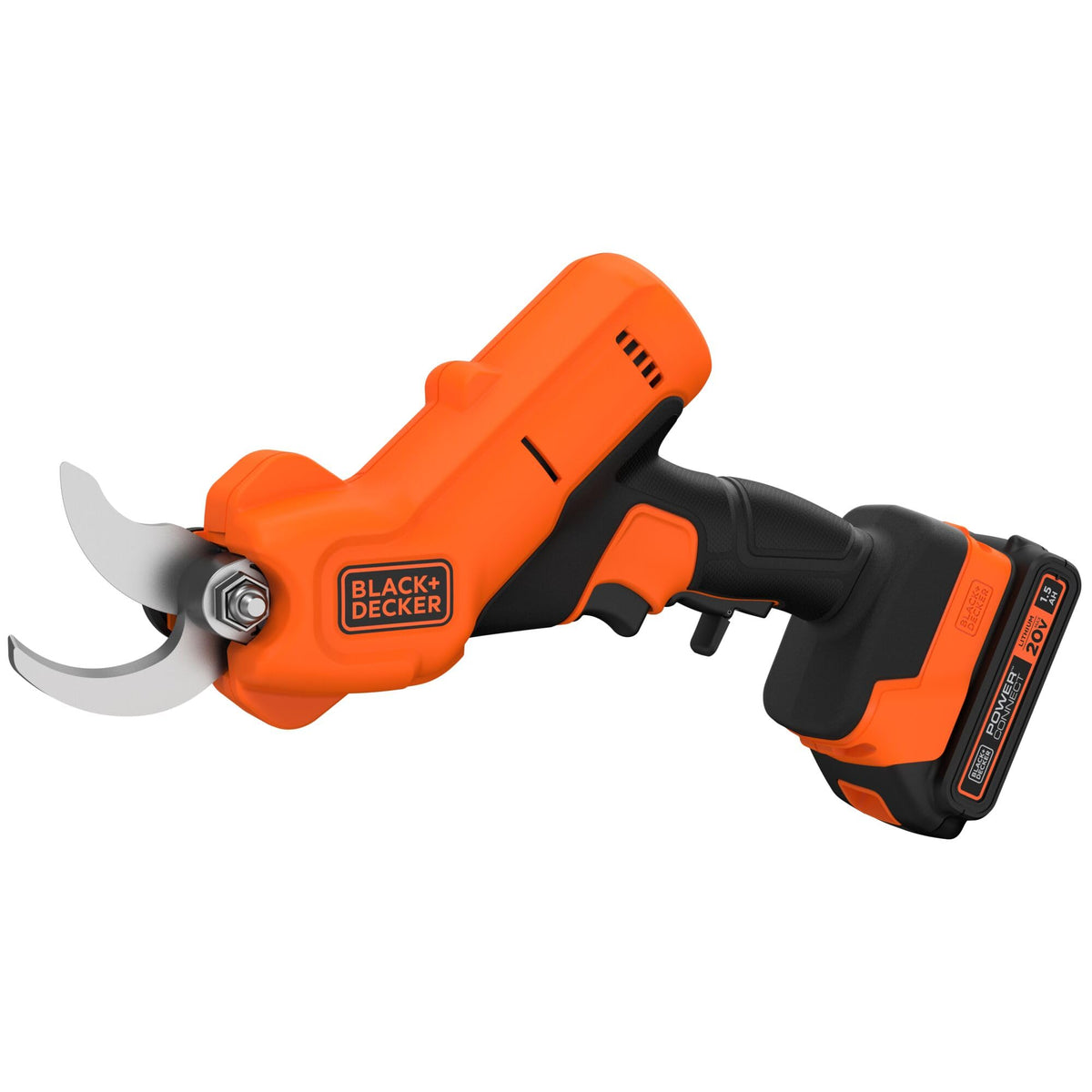 BLACK+DECKER cordless pruner front view showing compact design and ready-to-use convenience