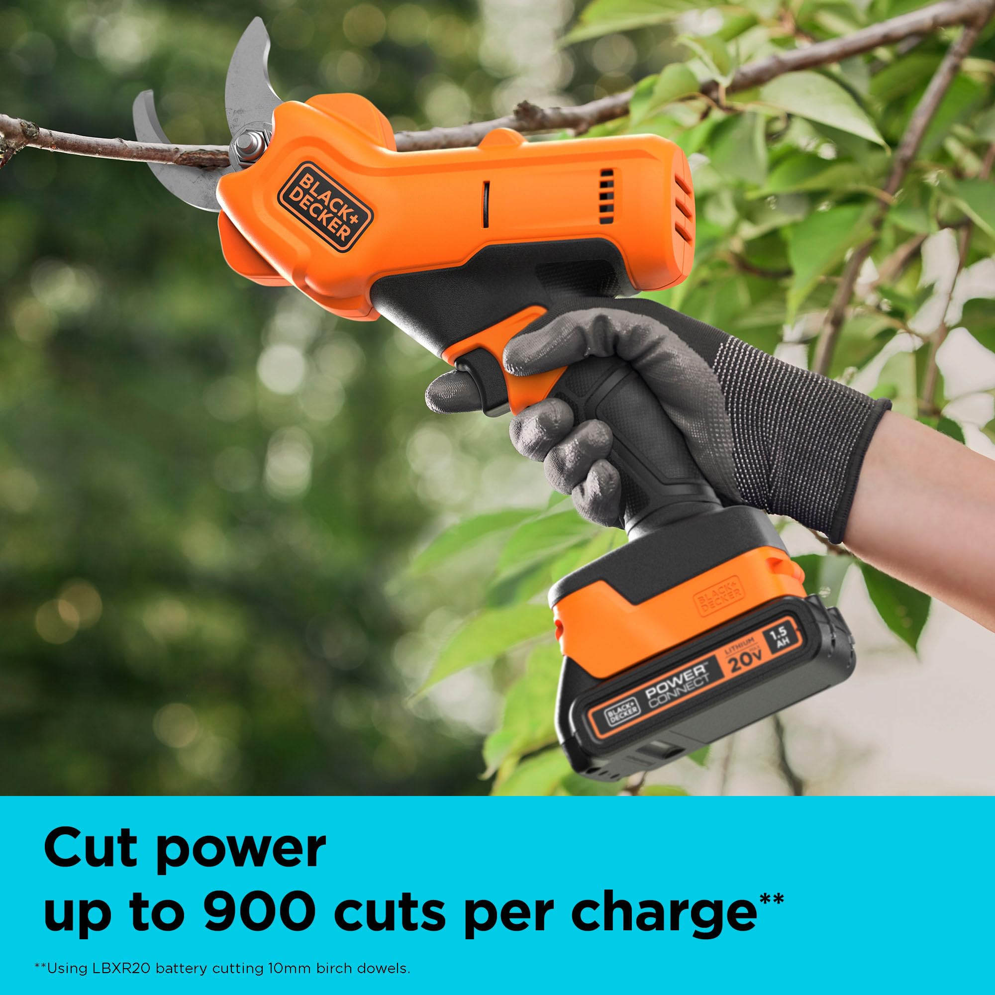 BLACK+DECKER pruner held in hand demonstrating reduced effort and comfortable handling