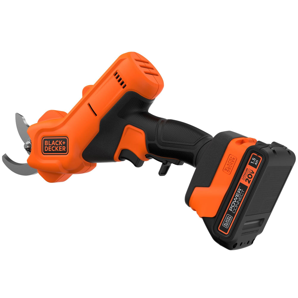 BLACK+DECKER pruner in garden setting showing efficient yard work and time savings