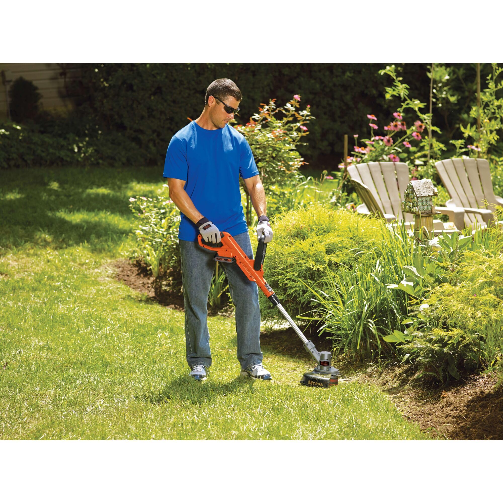 BLACK+DECKER shown next to ruler for scale, 12-inch cutting swath clarity