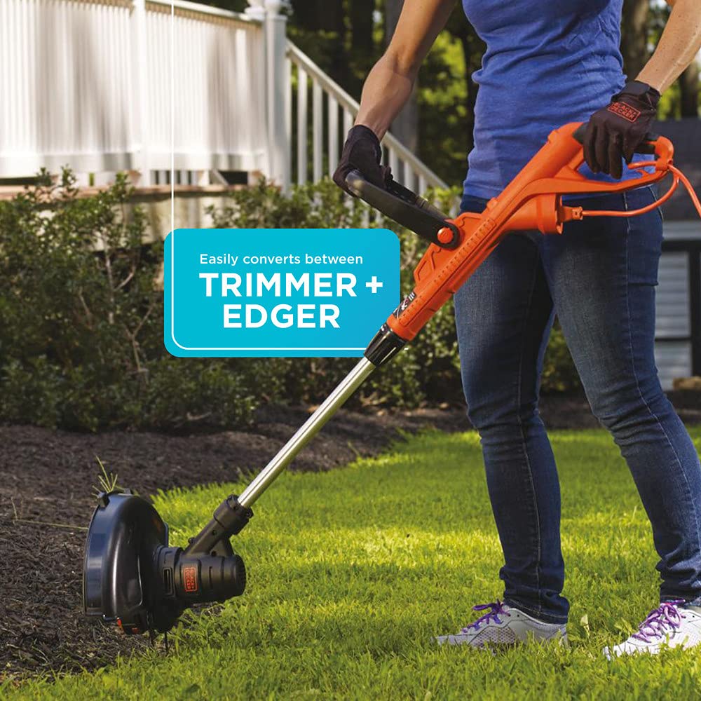 BLACK+DECKER product packaging and label highlighting 5-amp motor and 13-inch cut width