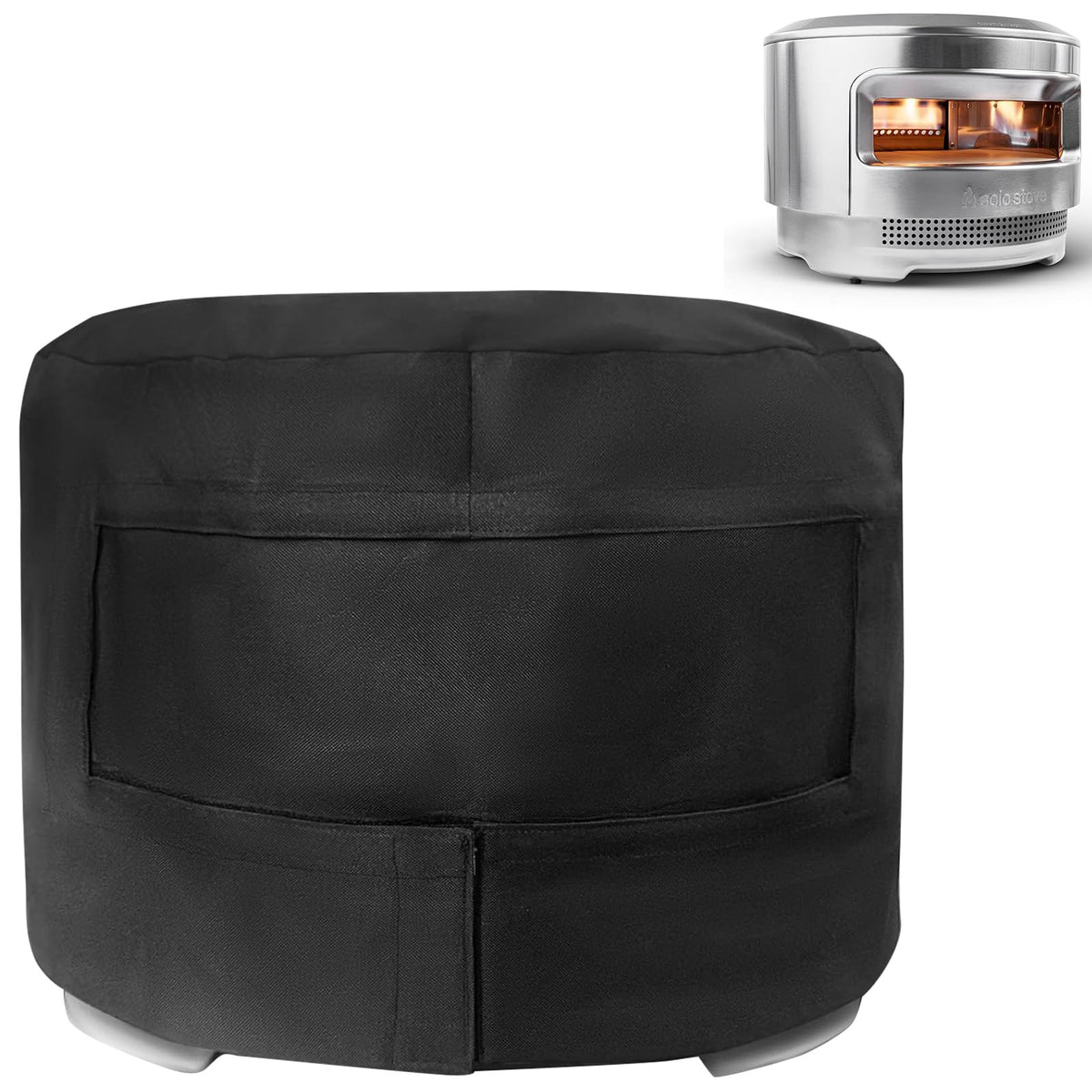 Blackhoso cover front view protecting Solo Stove Pi, keeps oven clean