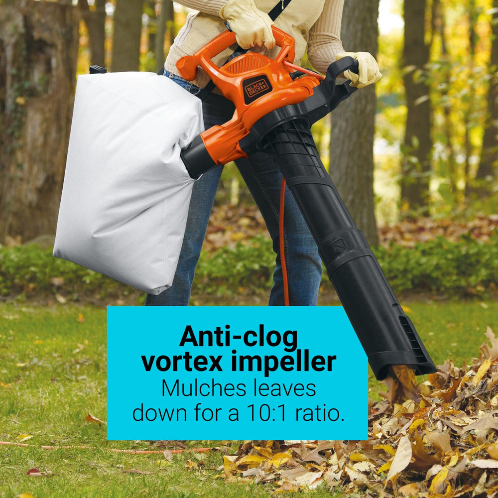 BLACK+DECKER collection bag full of mulched leaves for reduced disposal
