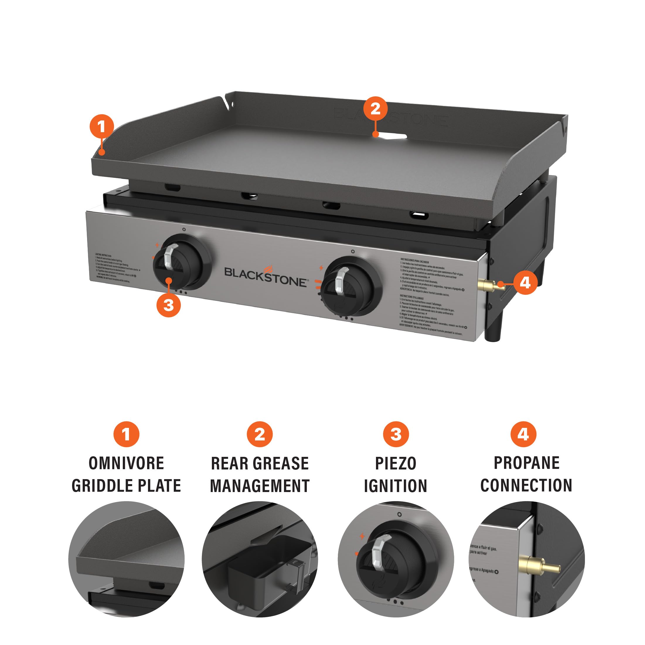 Blackstone 1666 rolled steel cooktop close-up showing durable surface and fast searing benefit