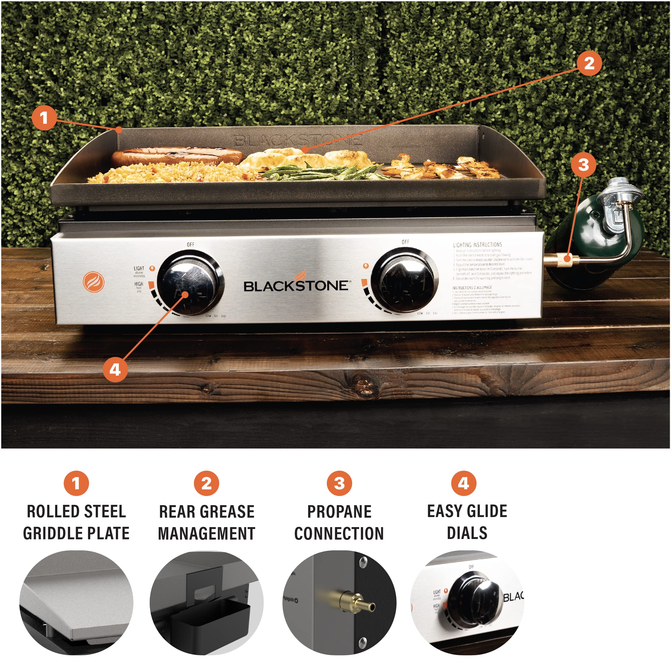 Blackstone close-up of rolled carbon steel griddle top for even searing