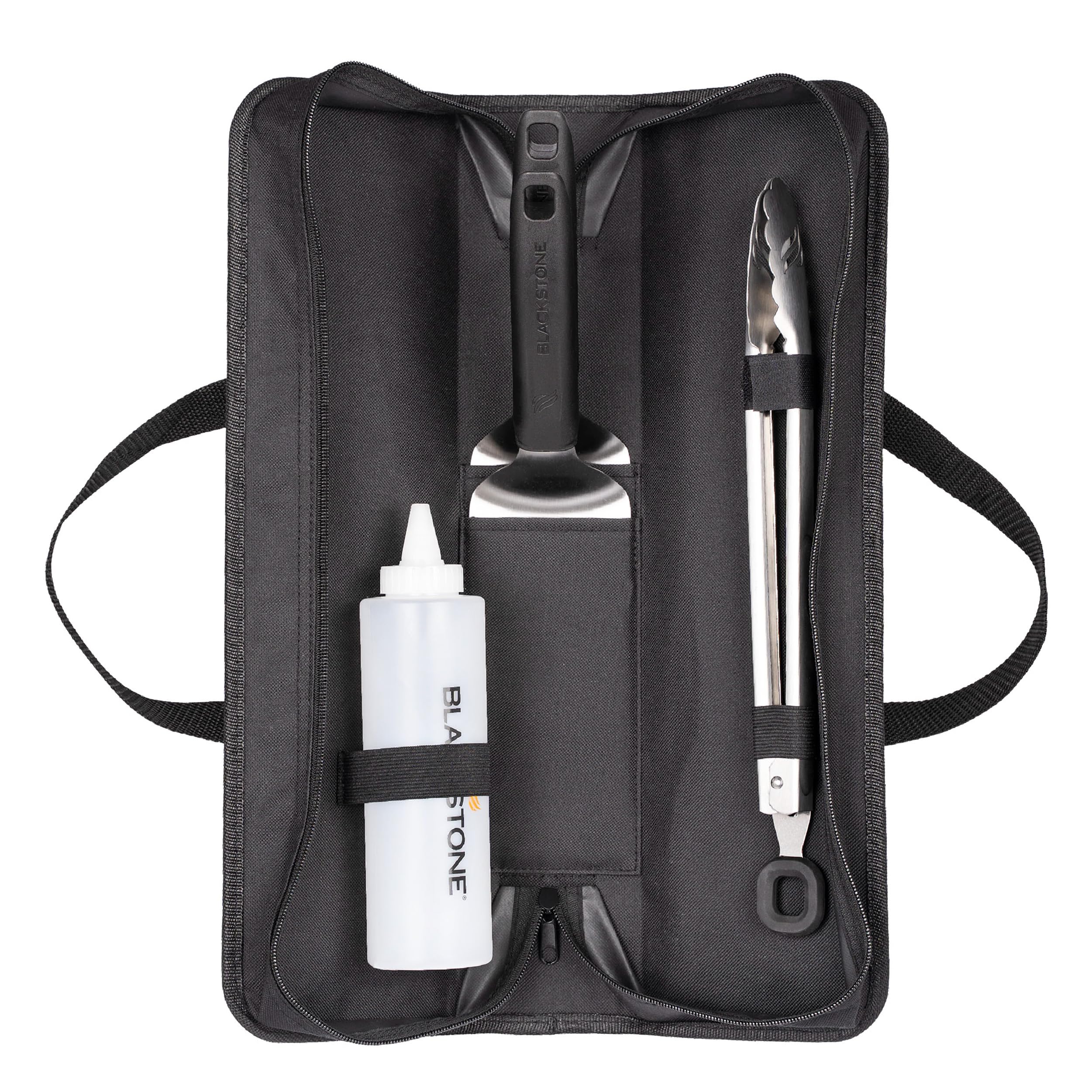 BLACKSTONE front packaging showing full five-piece griddle toolkit and bag, for organized transport